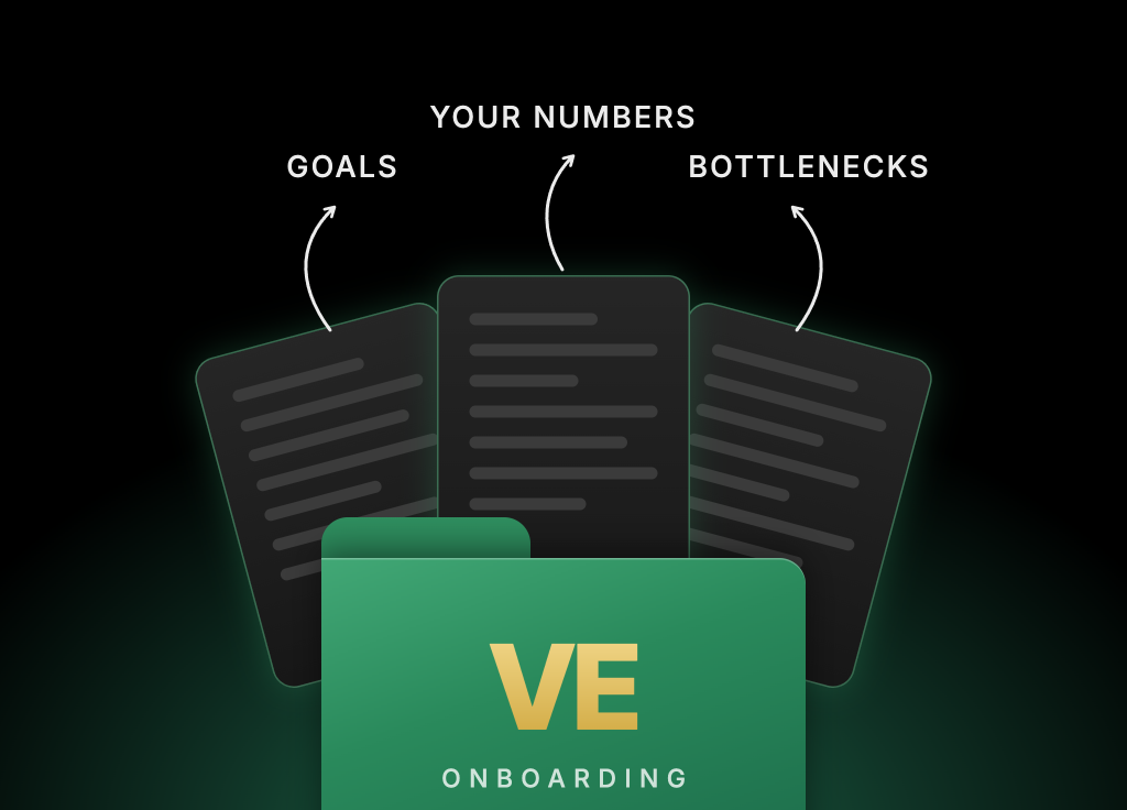 A green VE onboarding folder with three sheets rising out of it, labelled goals, your numbers and bottlenecks.